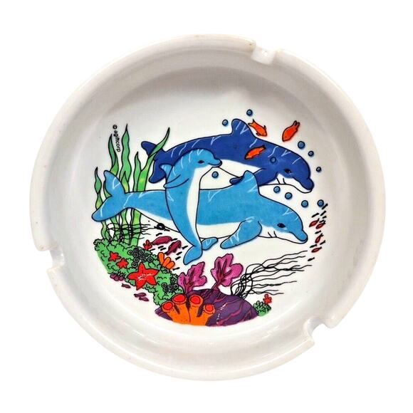 Vintage Souvenir Ashtray Swimming Dolphins Ocean Scene Ceramic by agiftcorp 5" - Picture 1 of 5